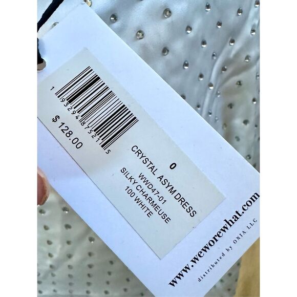 NWT WeWoreWhat silky charmeuse white asymmetrical dress with crystal Size 0 - Picture 5 of 7